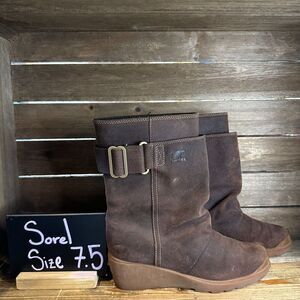 Womens Sorel Toronto Mid Calf Brown Leather Casual Comfort‎ Wedge Boots Size 7.5